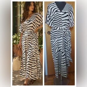 Zebra Print Viscose Maxi Dress XL Relaxed Coastal Resort Kaftan